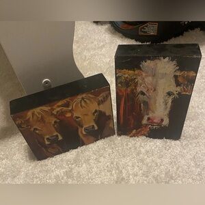Cow Paintings set of 2 on small wood blocks free standing or hang